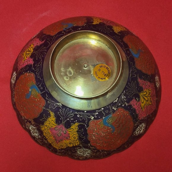 Vintage Solid Brass Enameled Footed Hand Painted Peacock Trinket Dish - Picture 4 of 11